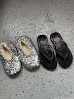 Pair of silver sequin slippers and pair of black flip-flop sandals side by side