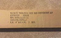 Box label showing model, size, finish, weights