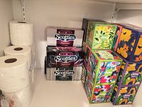 Toilet paper rolls, Scotties Supreme tissue boxes and patterned Kleenex cube boxes on shelf