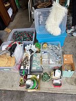 overview of totes, ornaments, stocking, tins