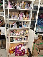 Full cabinet view showing hair color boxes, developer bottles, accessories, and bag with dryer