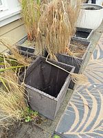 Group of square faux rattan planters showing interior and exterior