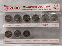 Front view of plastic sleeve showing all twelve 2000 Millennium quarters