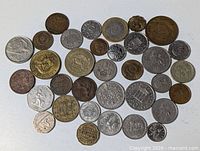 Full layout of 34 mixed world coins
