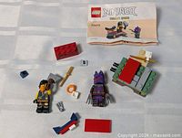 Overview of LEGO Ninjago pieces, minifigures, small build and instruction sheet