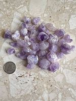 Pile of rough amethyst pieces beside coin for scale