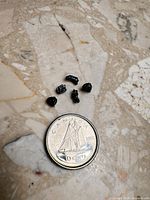 Five raw black diamond pieces beside Canadian dime for size reference