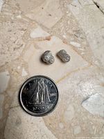 Two rough white diamonds next to 2001 Canadian dime for scale