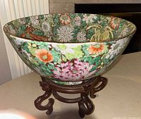 Top view of porcelain bowl on wooden stand