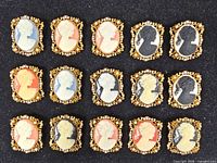 Front view of all 16 cameo brooch fronts in rows