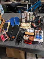 Overview of all shoe care items on table
