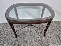 Top view of oval glass table showing overall design