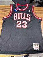 Full front view of Michael Jordan Bulls jersey showing Bulls wordmark, number 23 and Hardwood Classics jock tag