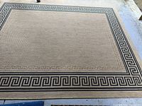 Full view of beige rug with Greek key border on patio