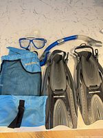 Complete set showing fins, snorkel, mask and carry bag