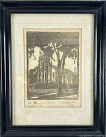 Front view of framed woodcut print showing full artwork, mat and frame