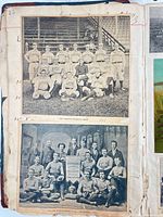 Two interior pages displaying team photographs and colour trade card