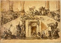 Full view of antique ink wash drawing showing architectural scene