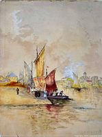 Full view of watercolour showing boats, figures, and background buildings