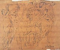 Close-up of full drawing showing figures, horses, and “Polidoro” inscription