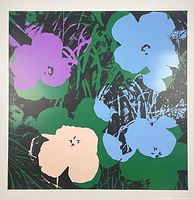 Full frontal view of the Warhol Flowers silkscreen showing colours and composition