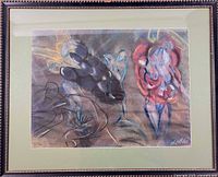 Full view of framed watercolour behind glass