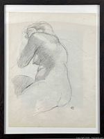 Framed pencil drawing of reclining nude, full view