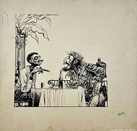 Full view of ink cartoon on paperboard showing both characters and table