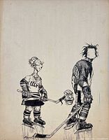 Full view of signed ink cartoon showing two hockey players on paperboard