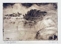 Close-up of etching showing image detail, plate signature, pencil title and artist signature