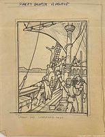 Full view of mounted drawing on backing paper, artist name visible