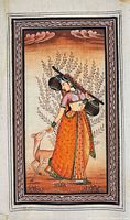 Full view of silk painting showing woman with instrument and deer