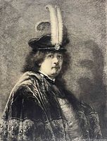 Detail of Rembrandt’s head and hat with plume
