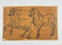 Front view of entire drawing showing two horses, paper tone and edge wear