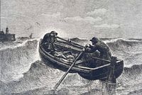 close view of etching detail showing fishermen in boat and wave action