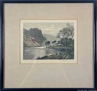 Full view of framed etching under glass