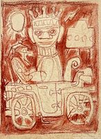 Close view of drawing showing stylized crowned idol in car, pastel texture visible