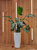 Full view of planter and plant against wood slat wall