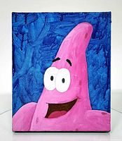Front view of acrylic painting featuring Patrick Star on blue background