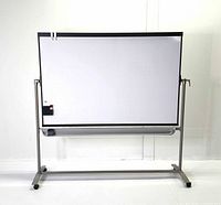 Front view of 6'x4' magnetic whiteboard on metal stand with marker tray