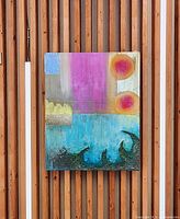 Frontal view of entire abstract painting mounted on wood backdrop