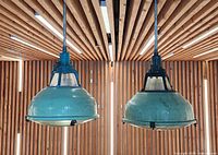 Both green enamel pendant lights hanging side by side