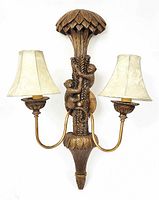Front view of gold monkey double sconce with shades attached