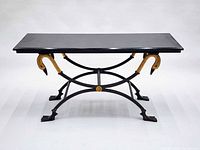 Full front view of granite top iron swan console table