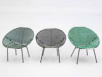 Front view of three vinyl-covered rattan chairs showing colors and design