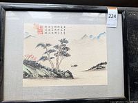 Full view of framed Chinese landscape painting