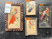 Group shot of all four framed feather bird artworks