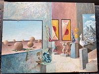 Full front view of the painted panel showing surreal interior scene with window to desert spheres
