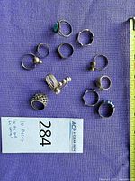 Overhead view of all ten rings with measuring tape