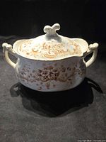 Front view of Furnival Brown Quail sugar bowl with lid